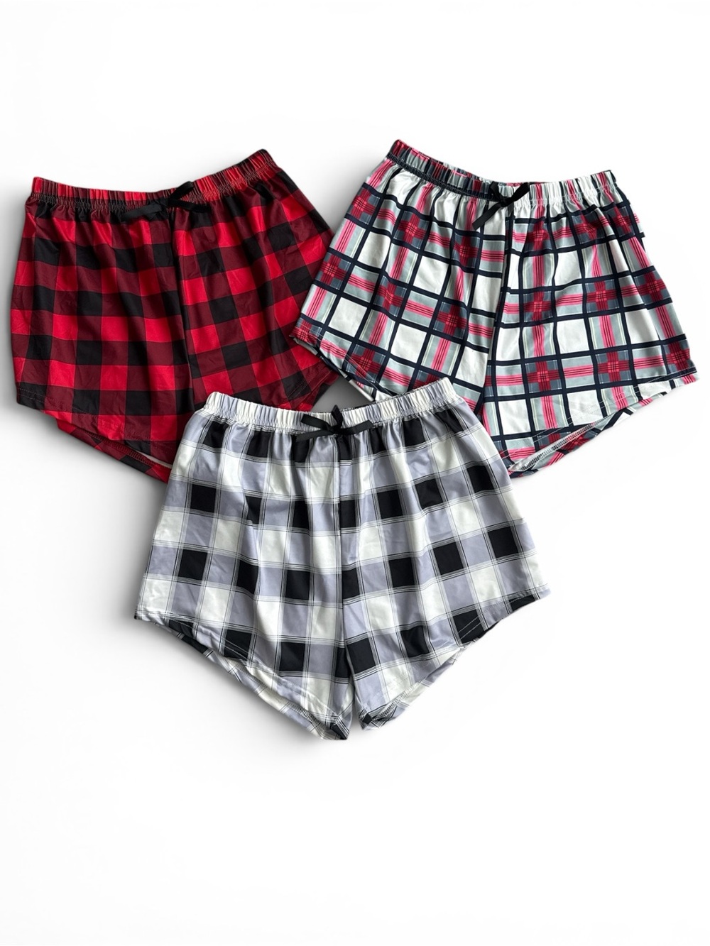 SHEIN Plaid Silky Lounge Shorts  (3-Pack) – Red, Black, White | Women’s Size S